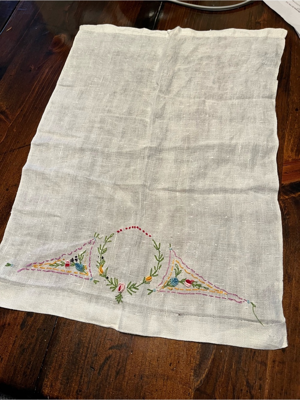 Embroidered Linen Kitchen Towel - Cream with Multicolor Floral Accents